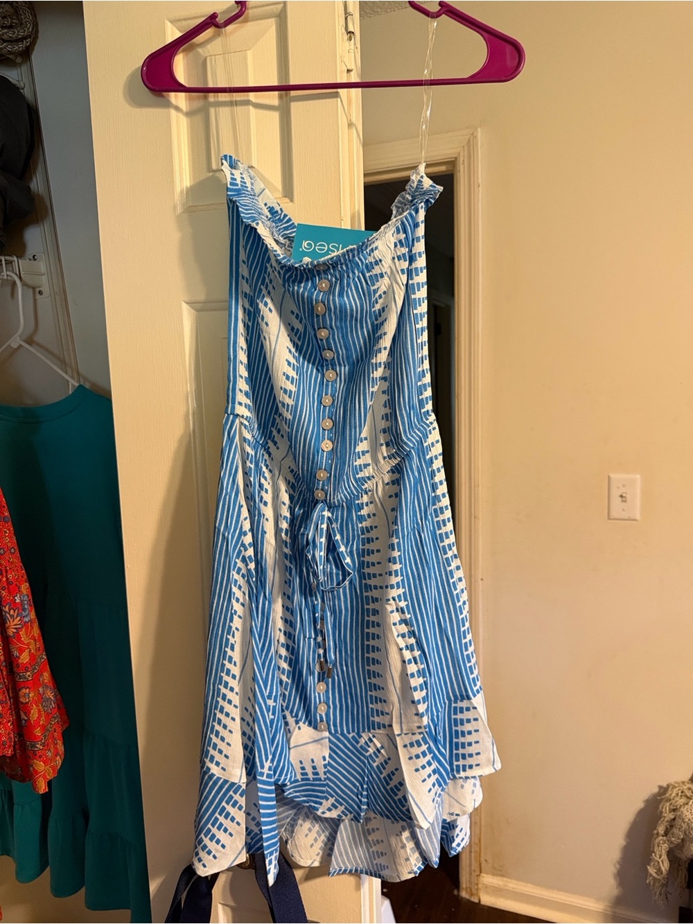 Sensea Blue & White Striped Button-Front Midi Dress with Waist Tie